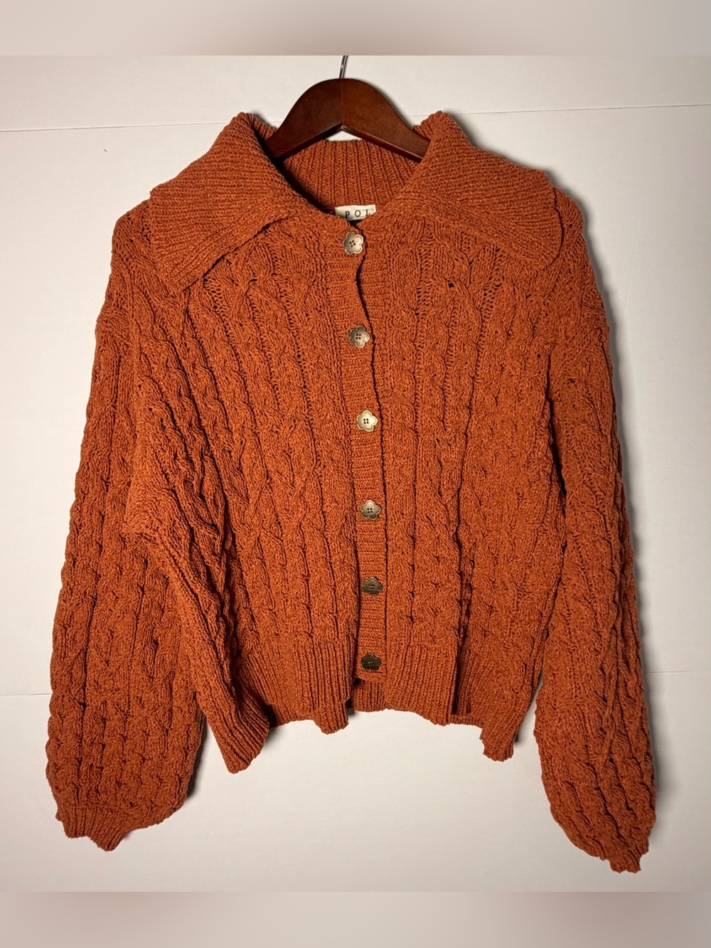 POL pickin pumpkins cardigan in burnt topaz size small NWOT with balloon sleeves